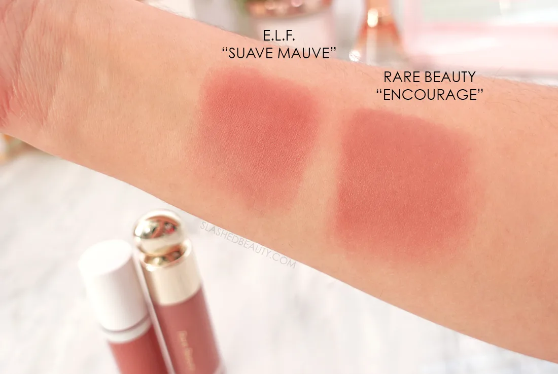 Swatches: e.l.f. Camo Liquid Blush in Suave Mauve and Rare Beauty Soft Pinch Liquid Blush in Encourage | e.l.f. Camo Liquid Blush Review - Rare Beauty Dupes? | Slashed Beauty