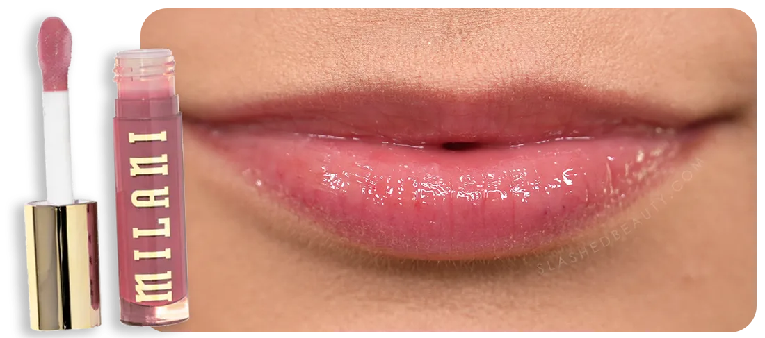 Close up lip swatch of Milani Color Fetish Lip Oil in Lychee Nectar | The 5 Best Drugstore Lip Oils Tested & Compared | Slashed Beauty