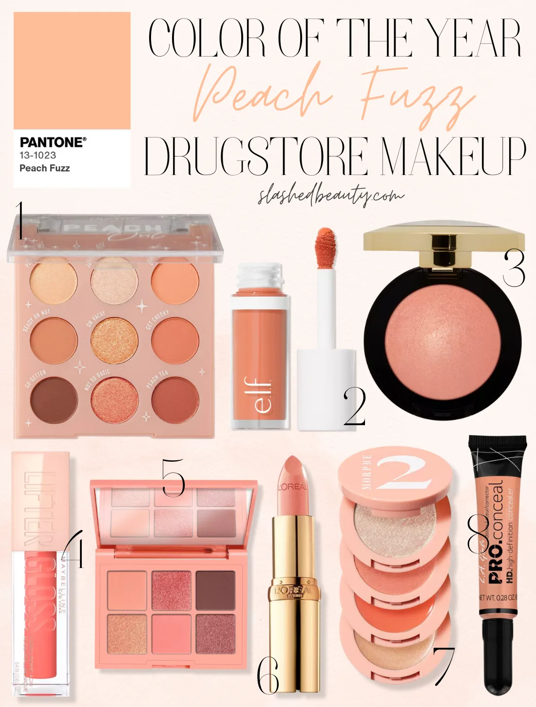 Collage of peach drugstore makeup products with title "Color of the Year: Peach Fuzz Drugstore Makeup" | Slashed Beauty