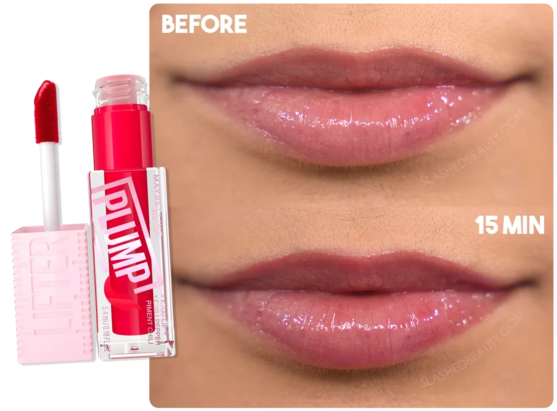 Before & After Maybelline Lifter Plump Gloss in Red Flag | Slashed Beauty