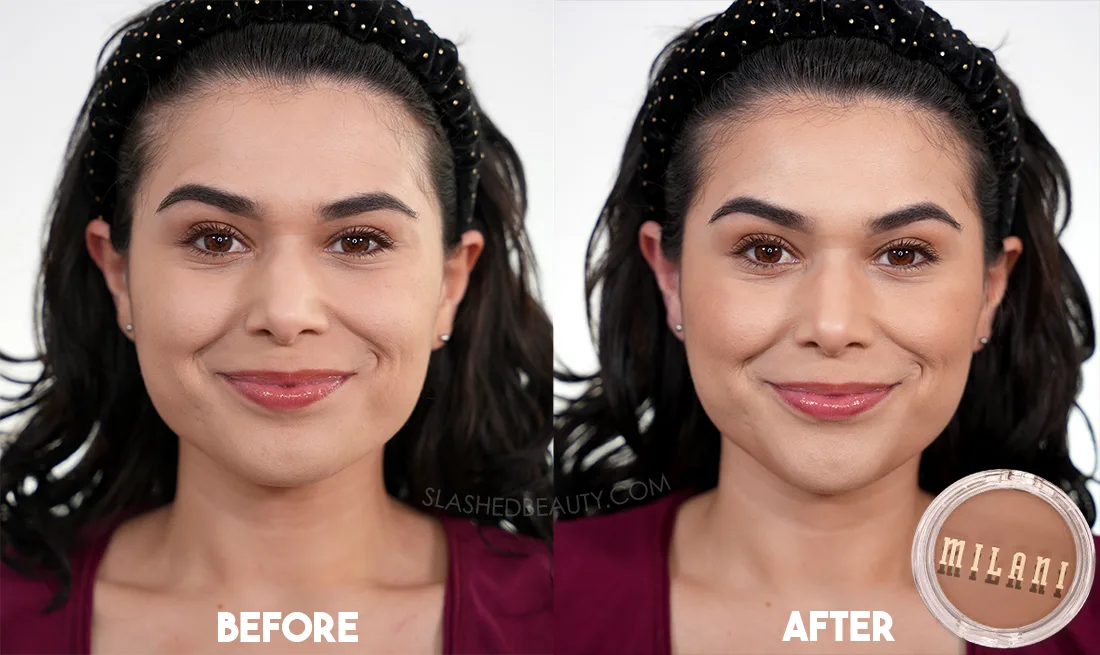 Before and after applying the Milani Cheek Kiss Cream Bronzer in Hey Honey | Milani Cheek Kiss Cream Bronzers Review | Slashed Beauty