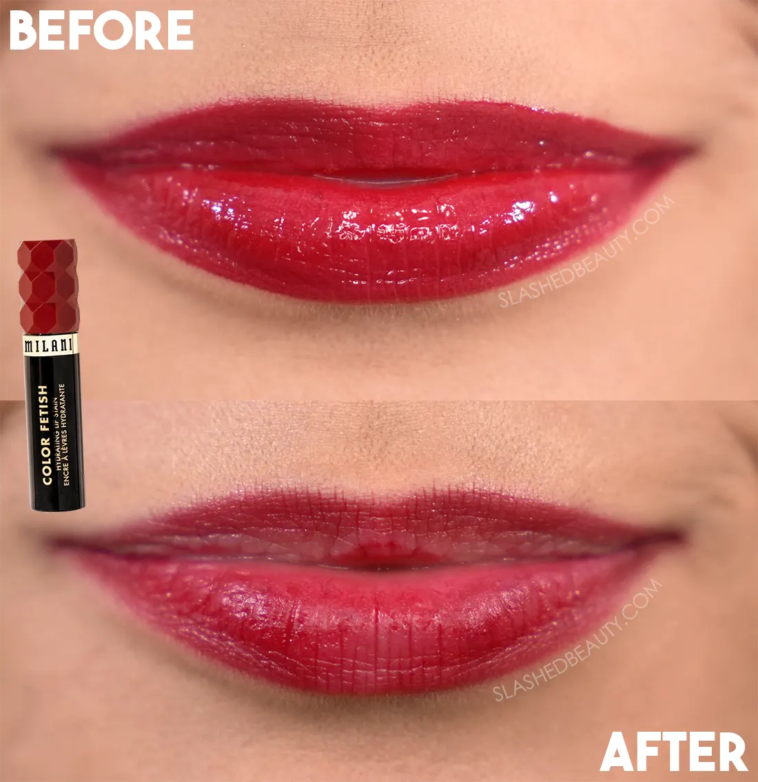 Before and after 8 ،urs: Milani Hydrating Color Fetish Lip Stain in That