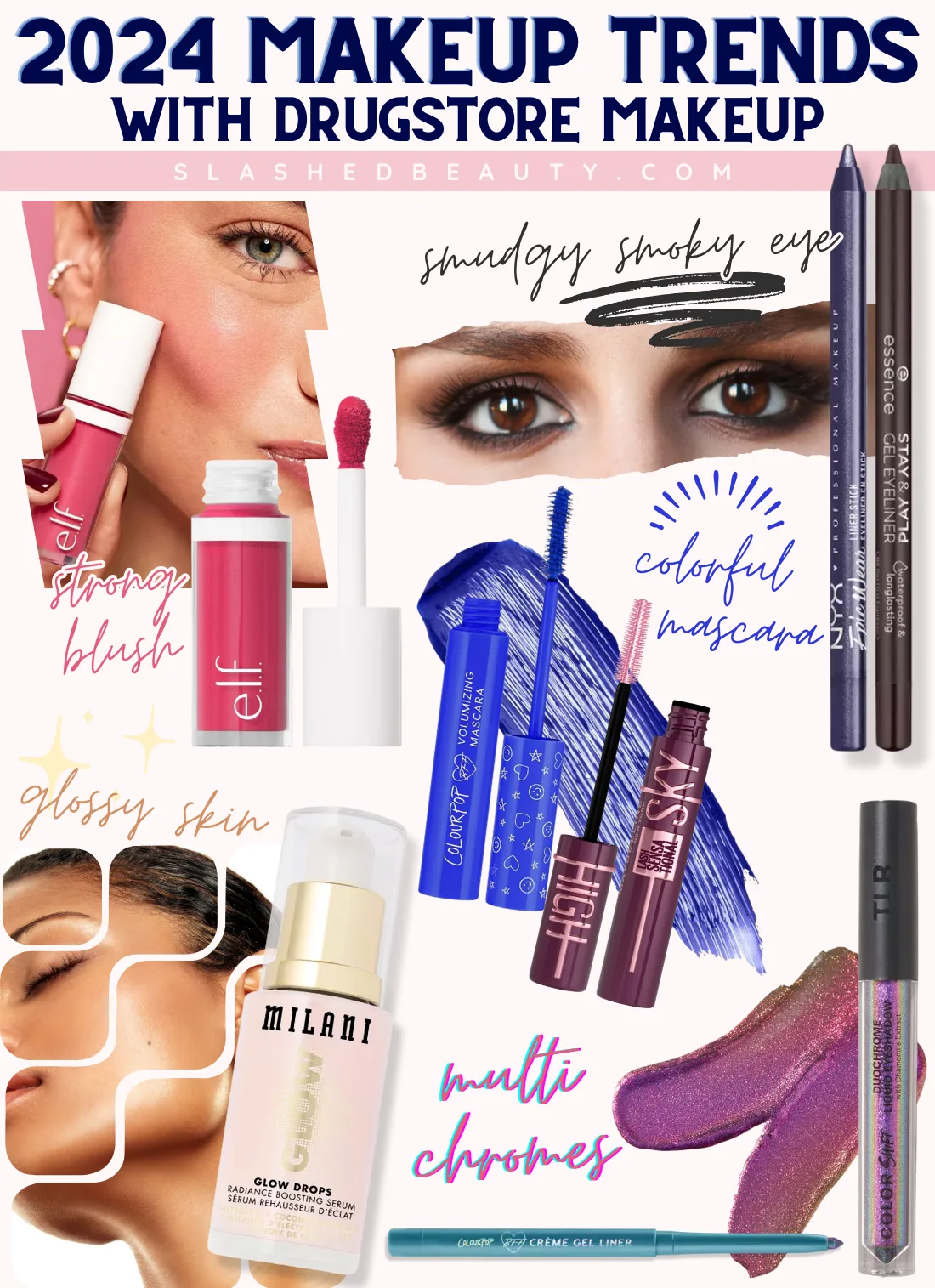 Collage of products and makeup looks with title: 2024 Makeup Trends with Drugstore Makeup | Slashed Beauty