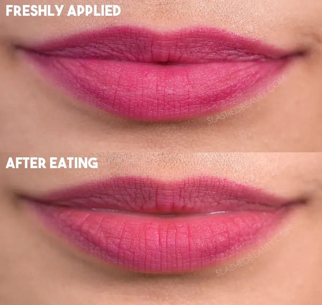 wet n wild Soft Blur Matte Lipstick in Homecoming Queen before and after eating | Slashed Beauty