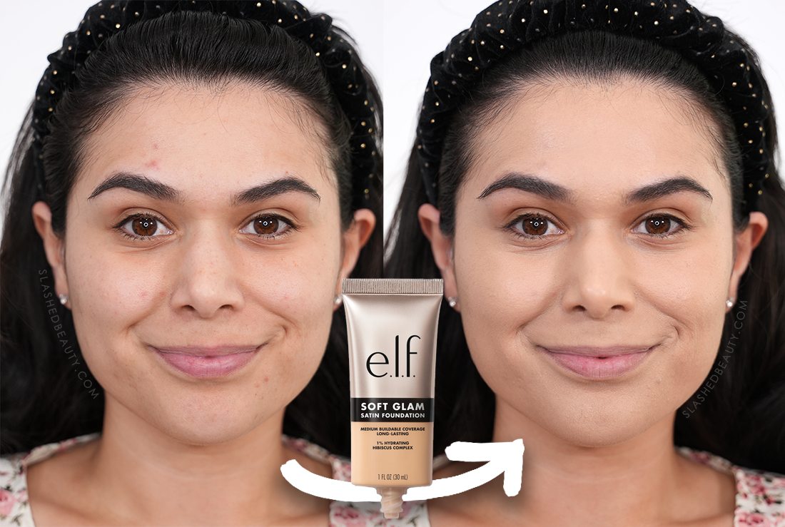 Close up of face before and after applying e.l.f. Soft Glam Satin Foundation | e.l.f. Soft Glam Satin Foundation Review | Slashed Beauty