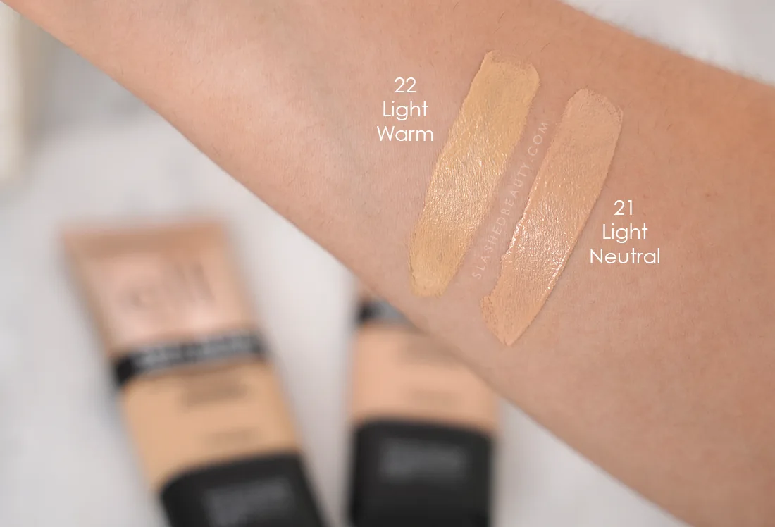 Swatches of e.l.f. Soft Glam Satin Foundation in 21 Light Neutral and 22 Light Warm | e.l.f. Soft Glam Satin Foundation Review | Slashed Beauty