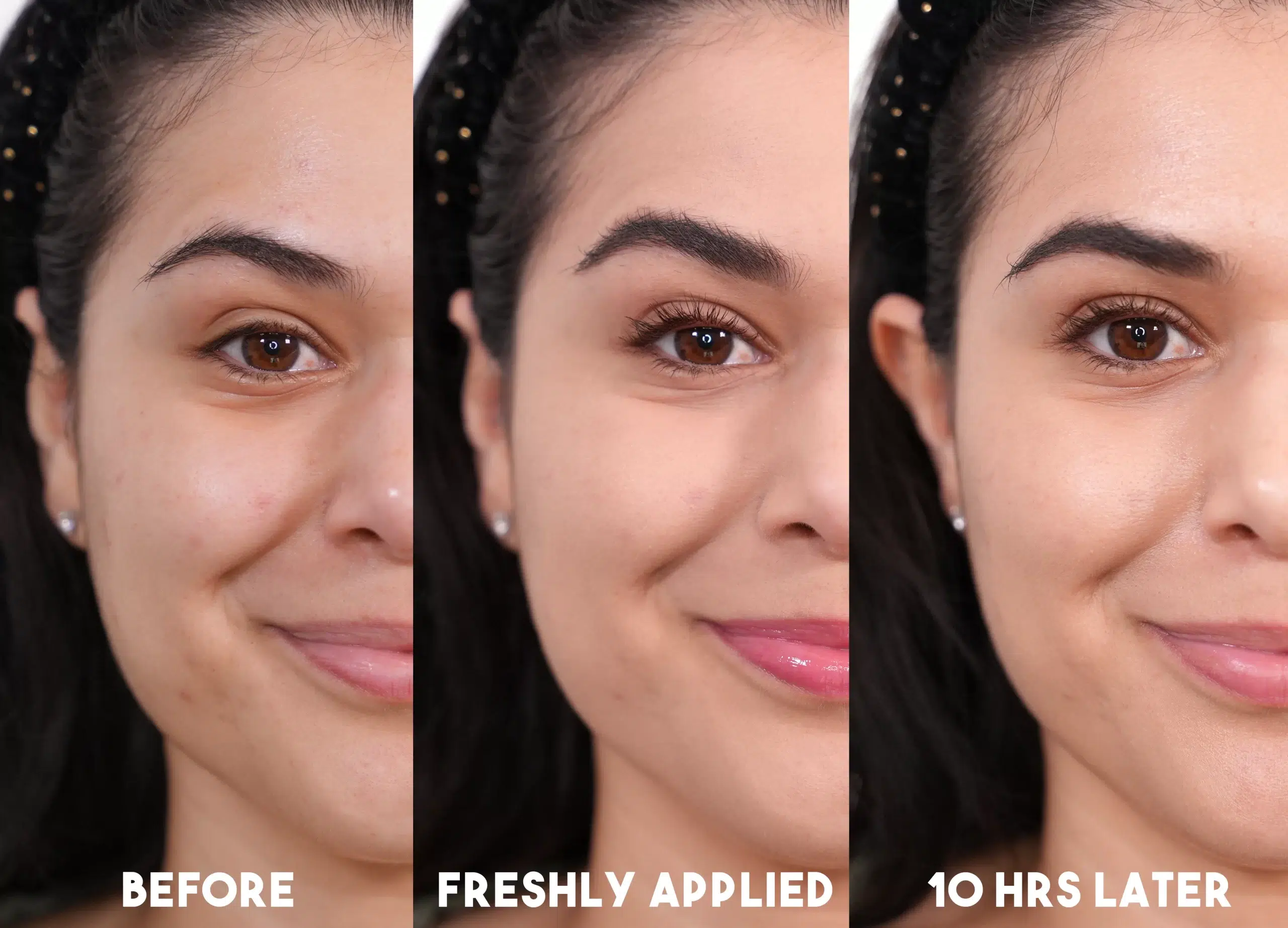 Side by side comparison of bare face next to essence 16h Cover & Last Powder Foundation freshly applied, then 10 hours later. | Top 4 Drugstore Powder Foundations Tested Before & After | Slashed Beauty