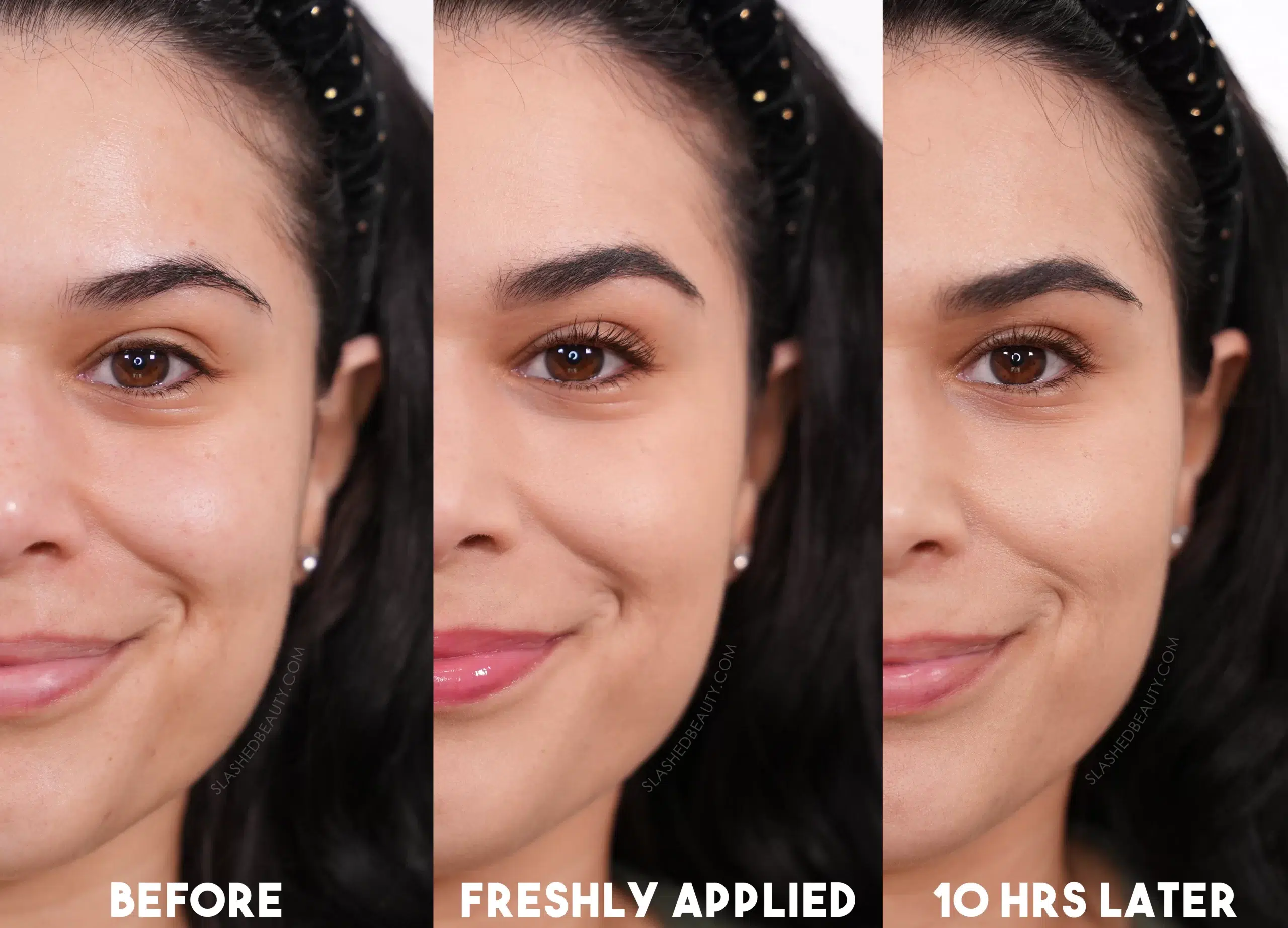 Side by side comparison of bare face next to L'Oreal Infallible Powder Foundation freshly applied, then 10 hours later. | Top 4 Drugstore Powder Foundations Tested Before & After | Slashed Beauty