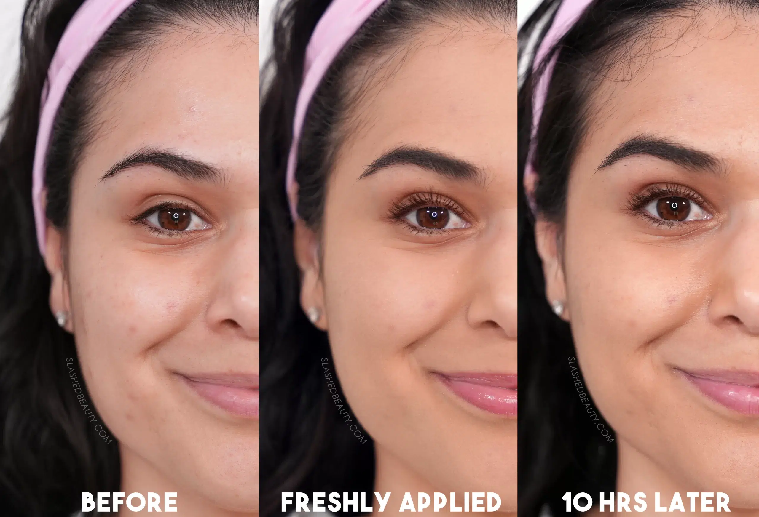 Side by side comparison of bare face next to Maybelline Super Stay Powder Foundation freshly applied, then 10 hours later. | Top 4 Drugstore Powder Foundations Tested Before & After | Slashed Beauty