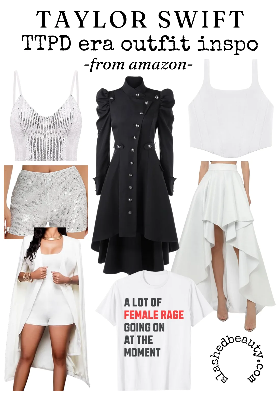 Collage: Taylor Swift The Tortured Poets Department Outfit Ideas from Amazon | What to Wear to The Eras Tour | Slashed Beauty