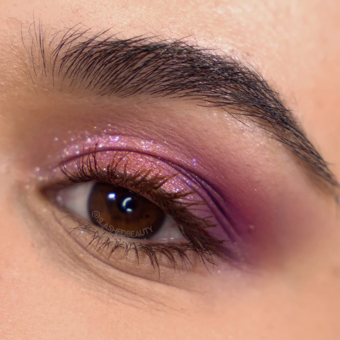 Close up of pink & purple glitter eyeshadow look using Profusion Twilight palette | Profusion Twilight Eyeshadow Palette Review & Swatches | Slashed Beauty