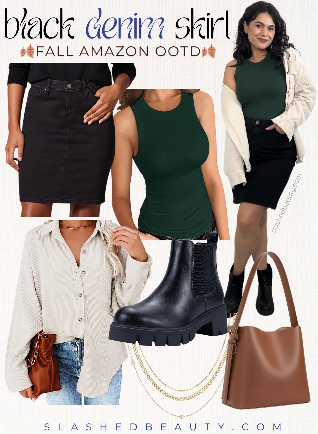 Collage with title text: Black Denim Skirt Fall Amazon OOTD. Pictured: Black denim skirt, green tank top, corduroy button down shirt, black Chelsea boots, gold necklaces and a brown bucket bag. | Slashed Beauty