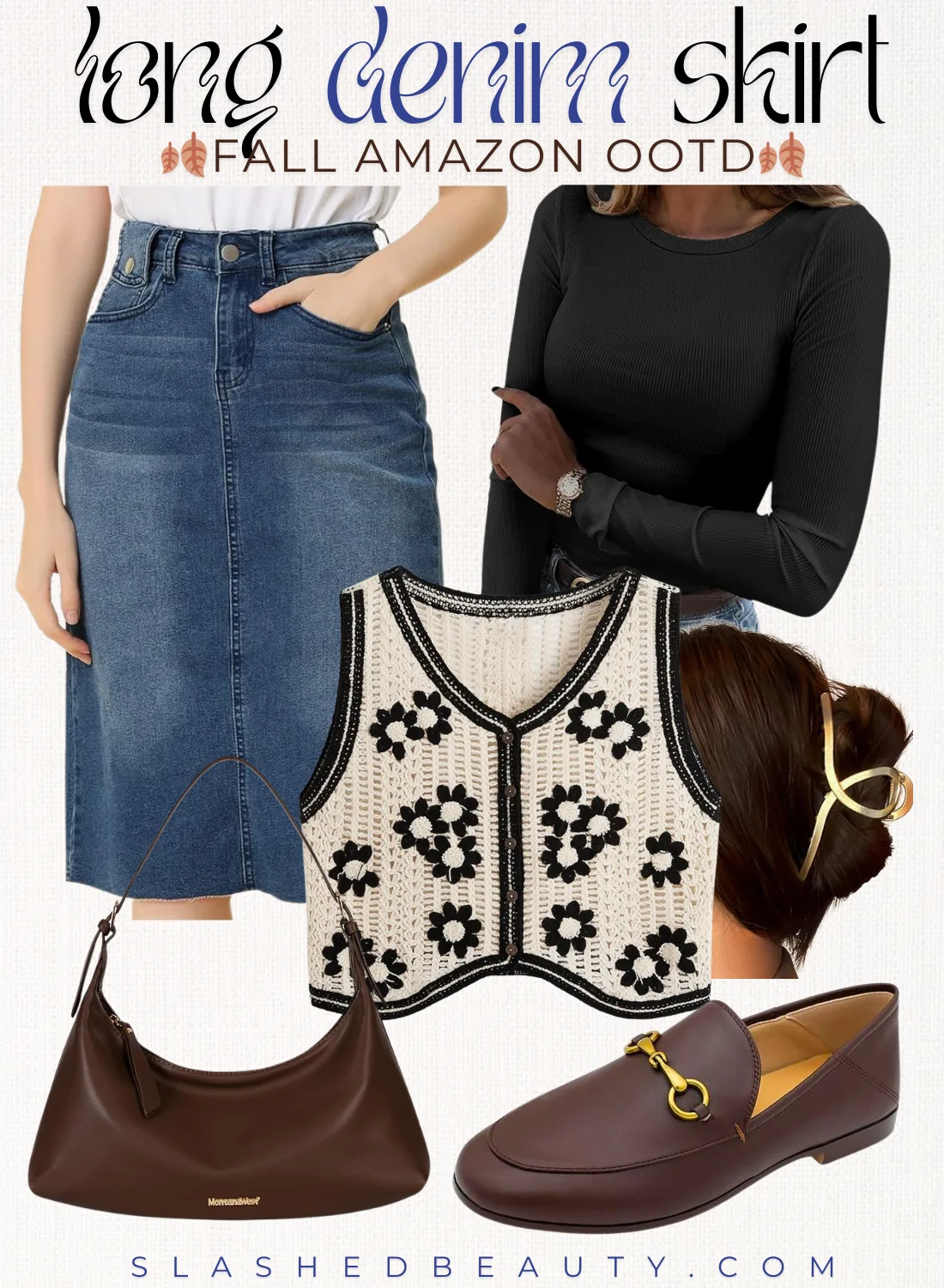 Collage with title: Long Denim Skirt Fall Amazon OOTD. Pictured: denim skirt, black long sleeve shirt, embroidered sweater vest, gold hair clip, brown shoulder bag, brown loafer shoes. | Slashed Beauty