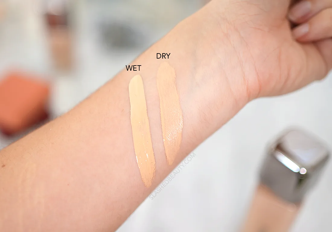 Two swatches of about-face The Performer Skin Focused Foundation in LM1 Warm showing the color difference between wet and dried down. | about-face Foundation Review | Slashed Beauty