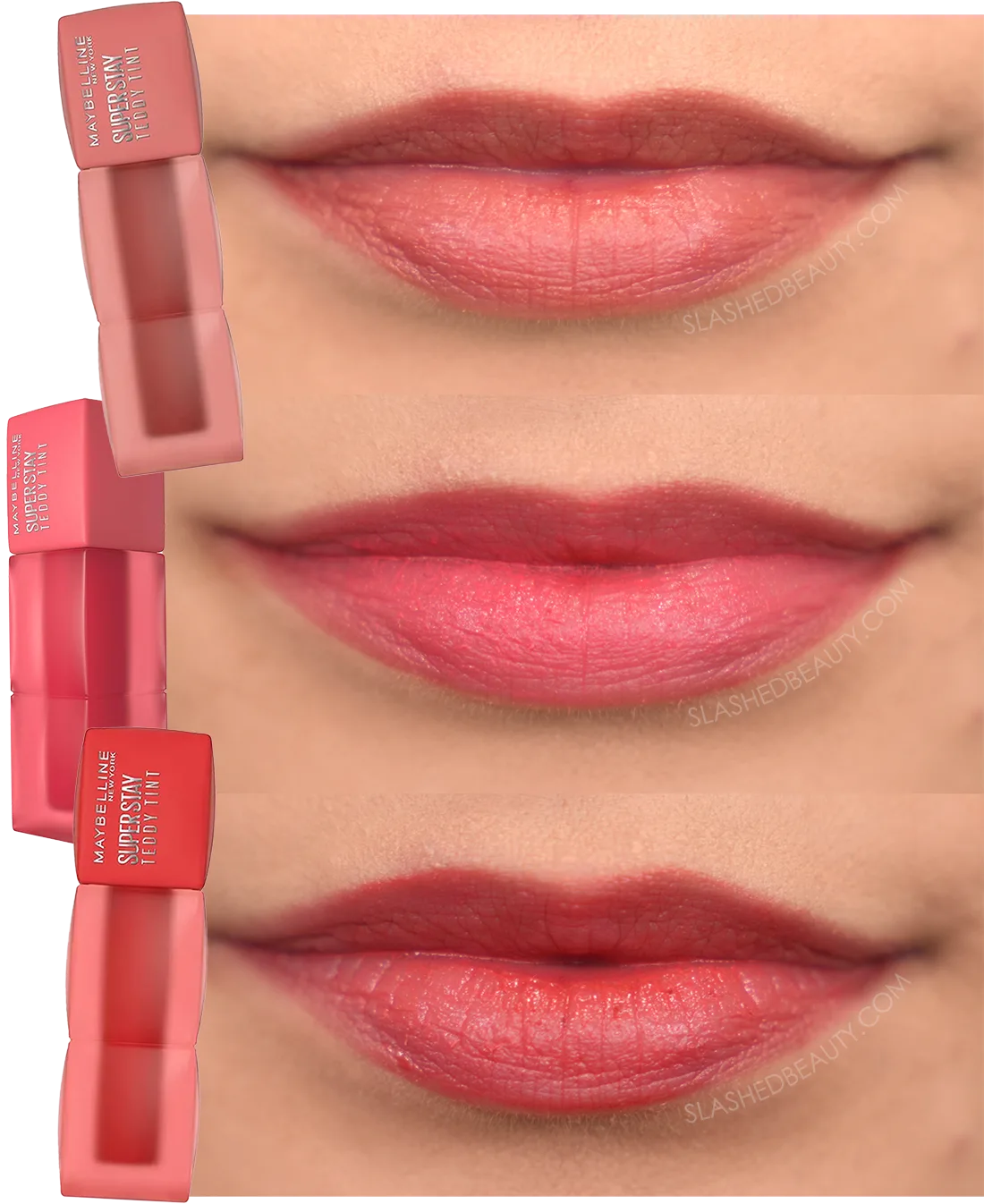 Close up Maybelline Super Stay Teddy Tint Lip Swatches in Skinnydip (warm nude), Petalcore (light pink) and Coquettish (soft red) | Slashed Beauty