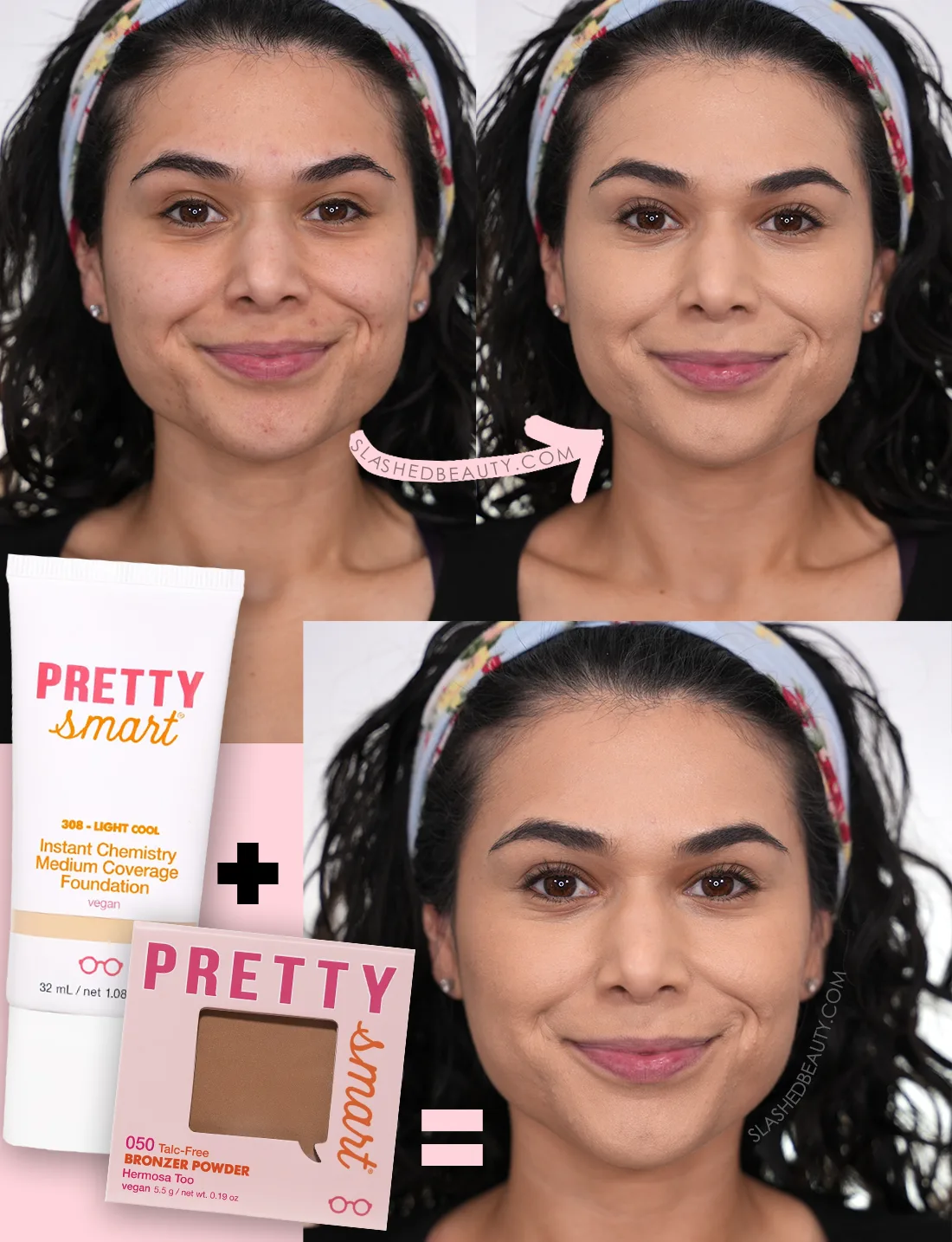 Close up of face before and after applying Pretty Smart Instant Chemistry Foundation in Light Cool, followed by a photo showing the foundation topped with Pretty Smart Talc-Free Bronzer Powder in Hermosa Too. | Slashed Beauty