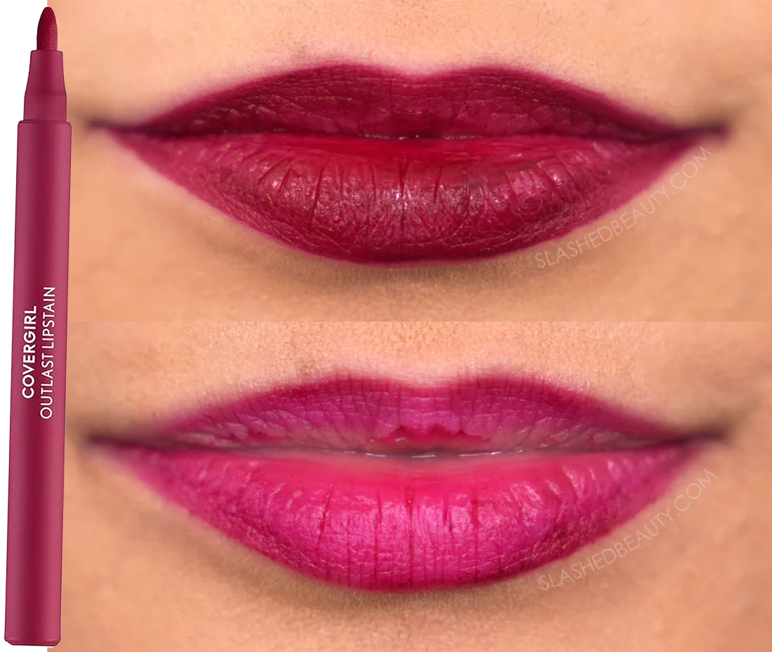 Close up lip photo of before and after wearing Covergirl Outlast Lip Stain in All Star for 11 hours | Slashed Beauty