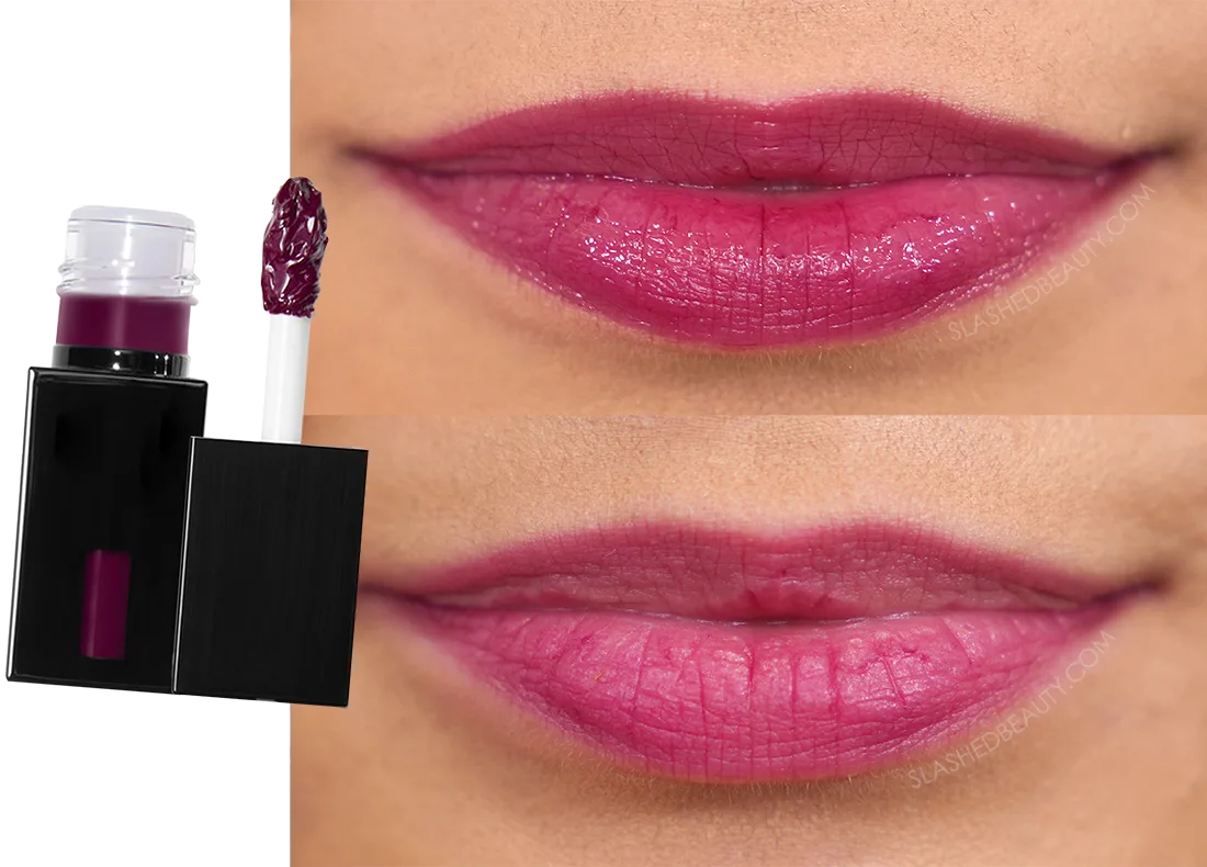 Close up lip photo of before and after wearing e.l.f. Glossy Lip Stain in Berry Queen for 9 Hours | Slashed Beauty 