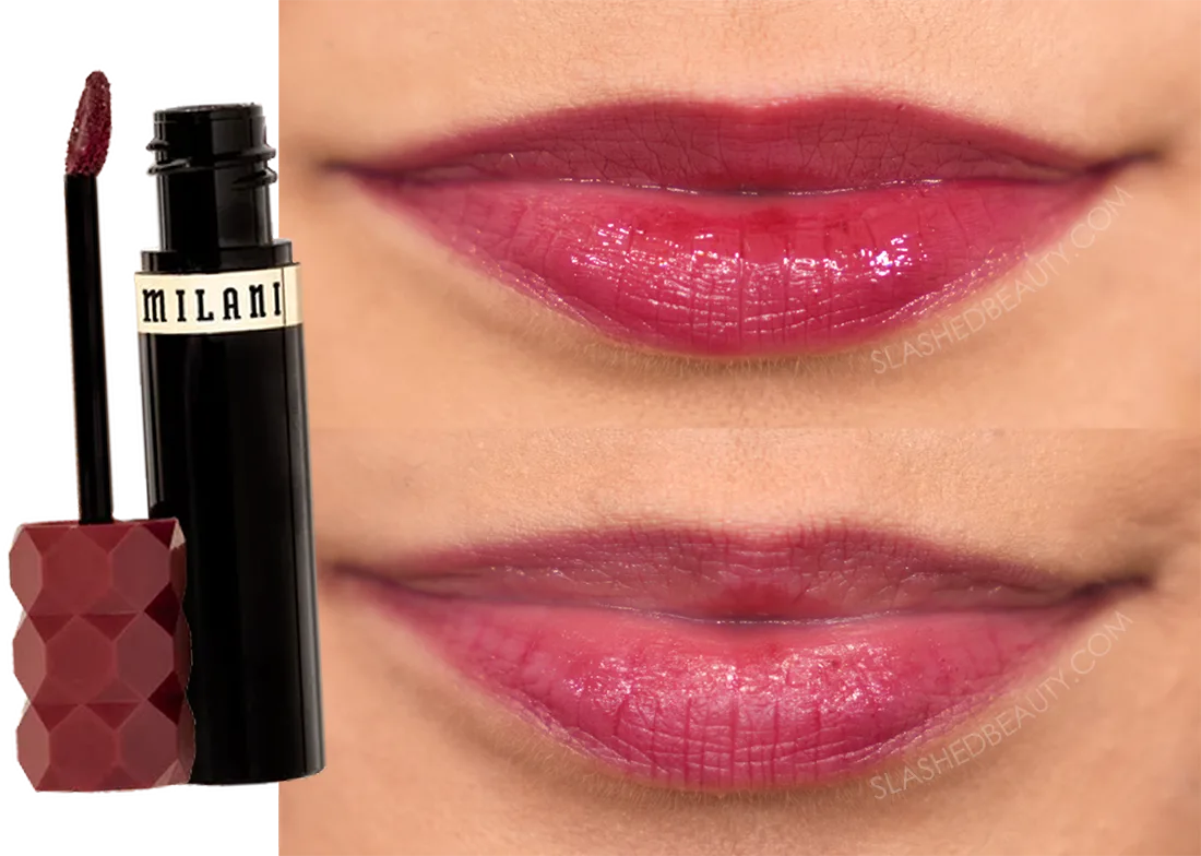 Close up lip photo of before and after wearing Milani Color Fetish Lip Stain in Bitten Berry for 9 Hours | Slashed Beauty