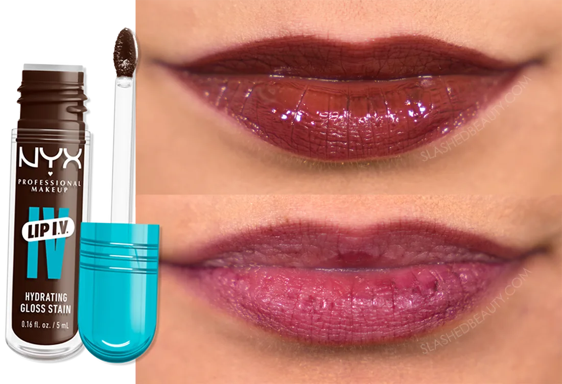 Close up lip photo of before and after wearing NYX Lip IV Hydrating Gloss Stain for 10 hours | Slashed Beauty