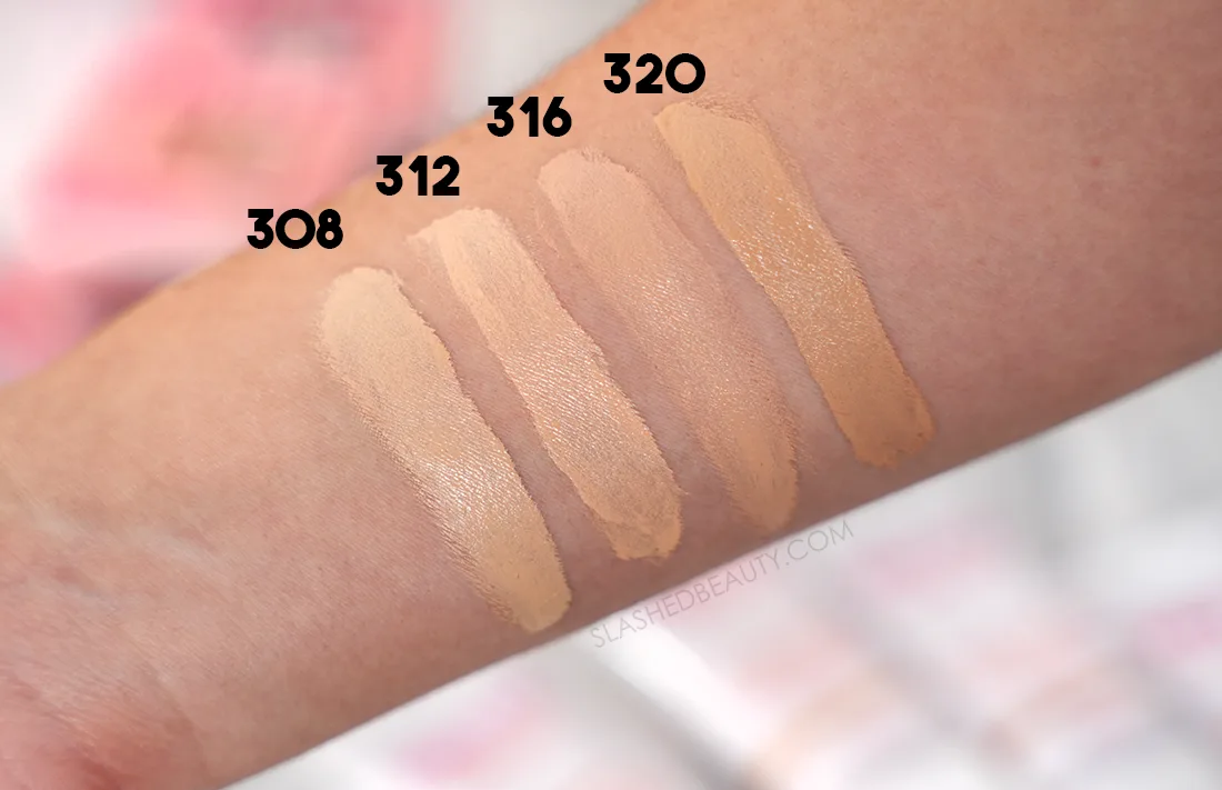 Pretty Smart Instant Chemistry Foundation swatches in Light Cool, Light Medium Warm, Light Medium Cool, and Light Medium Neutral