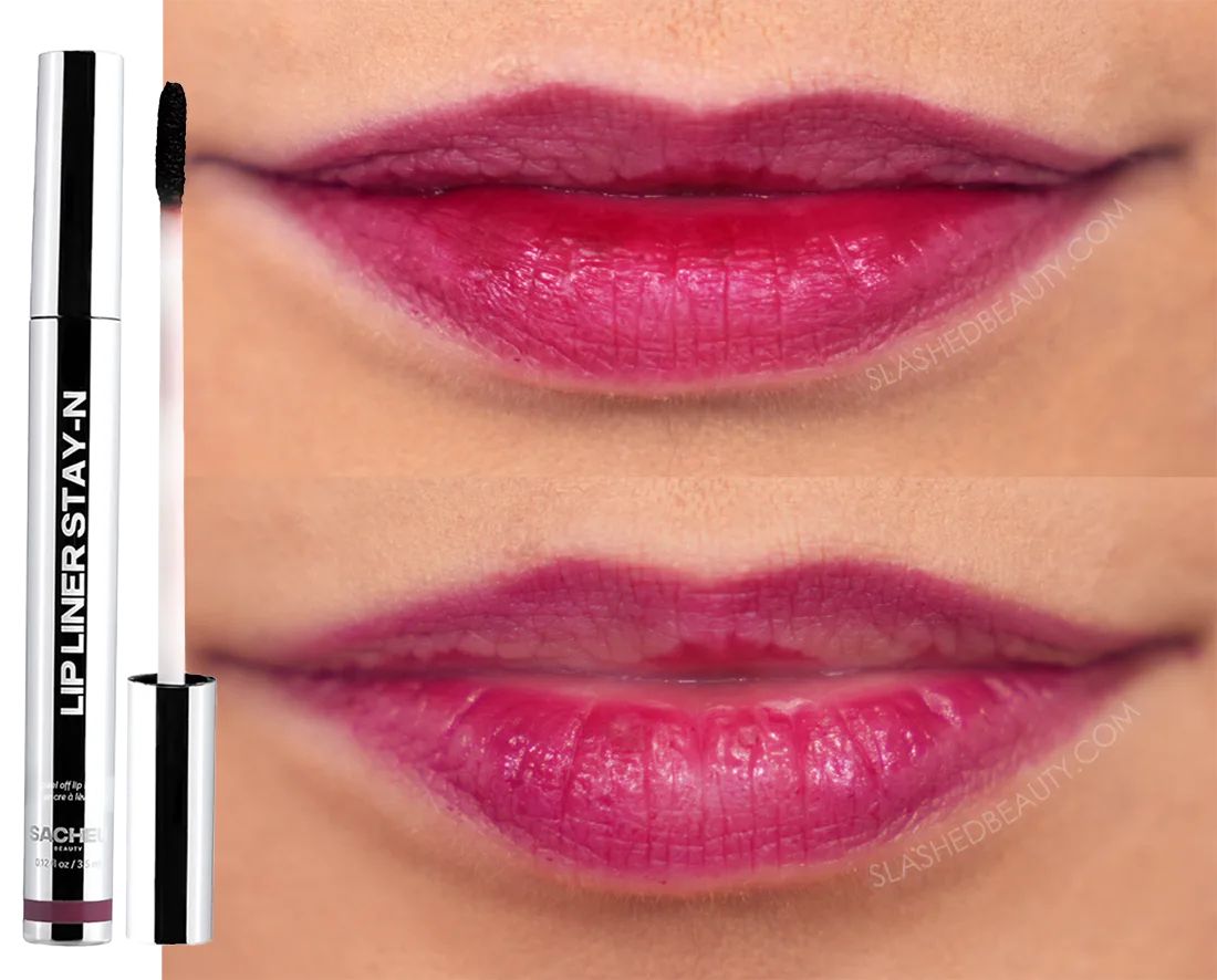 Close up lip photo of before and after wearing Sacheu Peel Off Lip Liner Stain in Plumped for 11 hours | Slashed Beauty