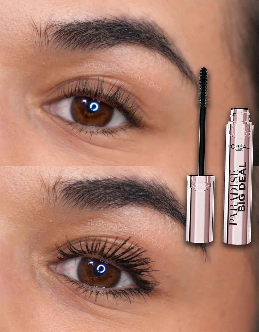 Close up before and after applying L'Oreal Paradise Big Deal Mascara | Slashed Beauty