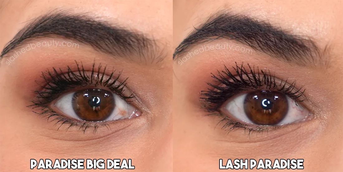 Close up of eyes wearing L'Oreal Paradise Big Deal Mascara next to L'Oreal Lash Paradise Mascara | Slashed Beauty