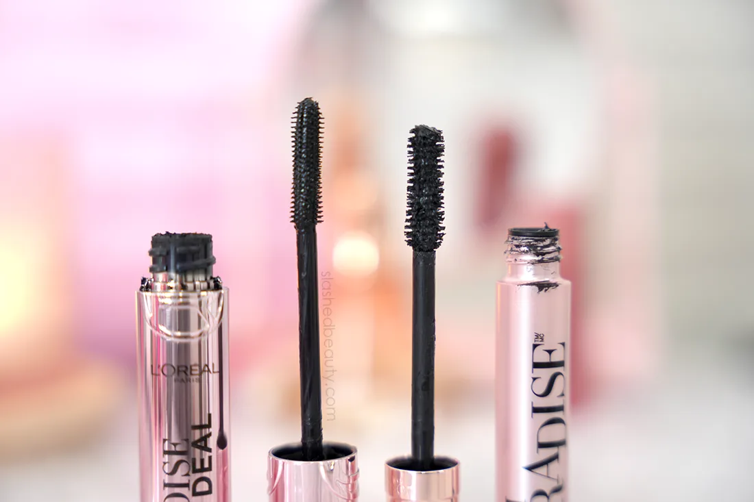 Side by side close ups of L'Oreal Paradise Big Deal Mascara wand next to L'Oreal Lash Paradise Mascara wand | Slashed Beauty