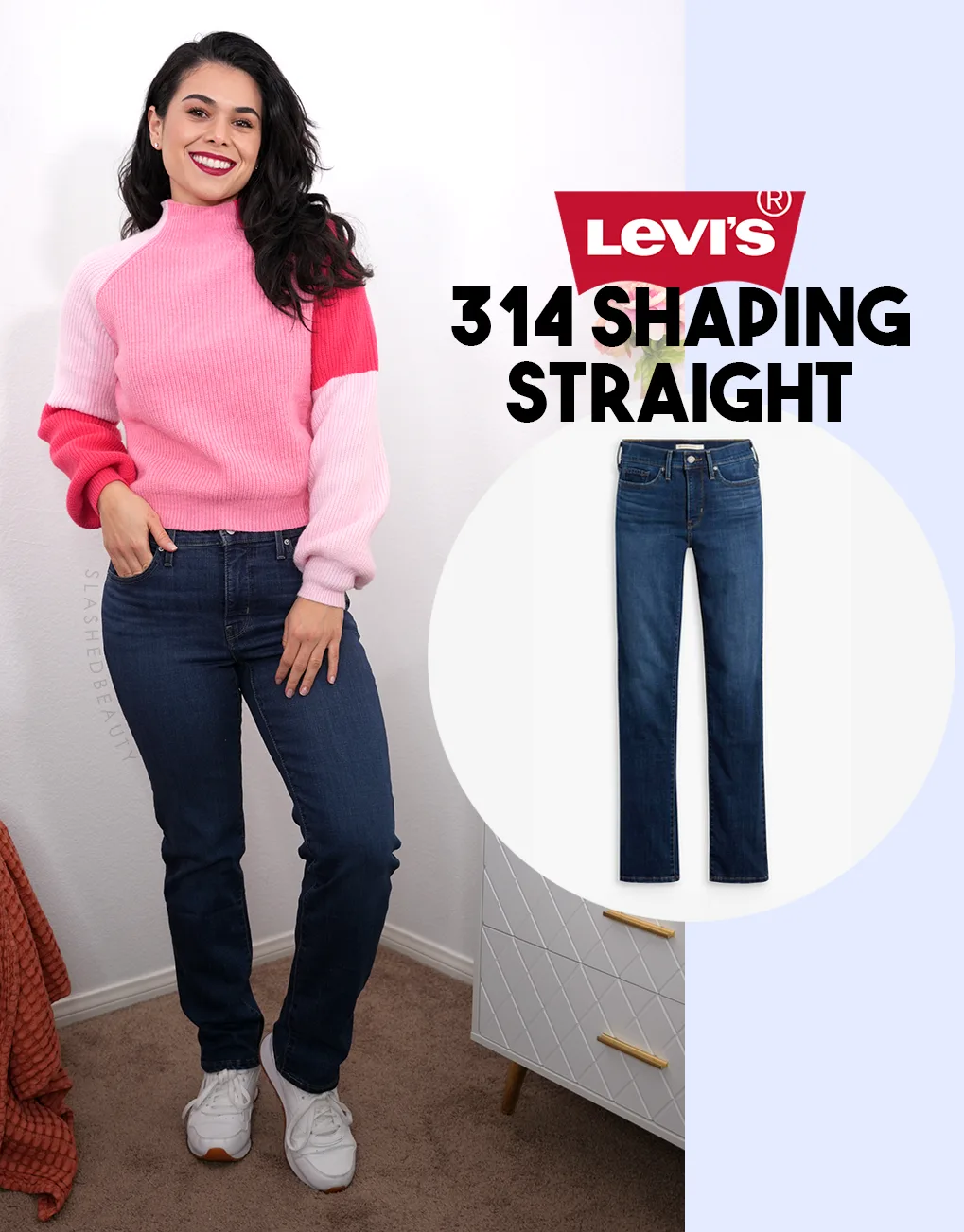 Full body photo of Miranda smiling to camera in a pink sweater and dark wash Levi's 314 Shaping Straight jeans. | How Much do Levi's 314 Shaping Straight Jeans Shrink? | Slashed Beauty