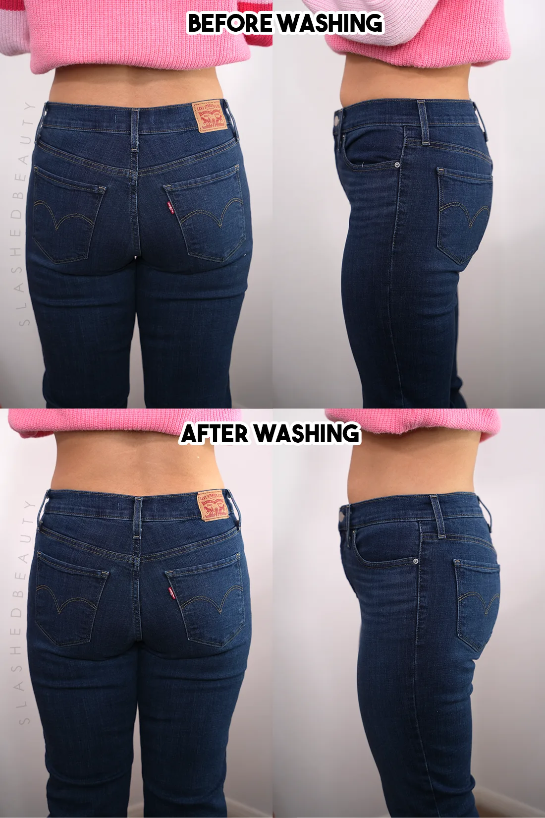 Side-by-side comparison showing the fit of Levi's 314 Shaping Straight Jeans before and after washing & drying. Shows no change in waist or hip fit. | How Much do Levi's 314 Shaping Straight Jeans Shrink? | Slashed Beauty