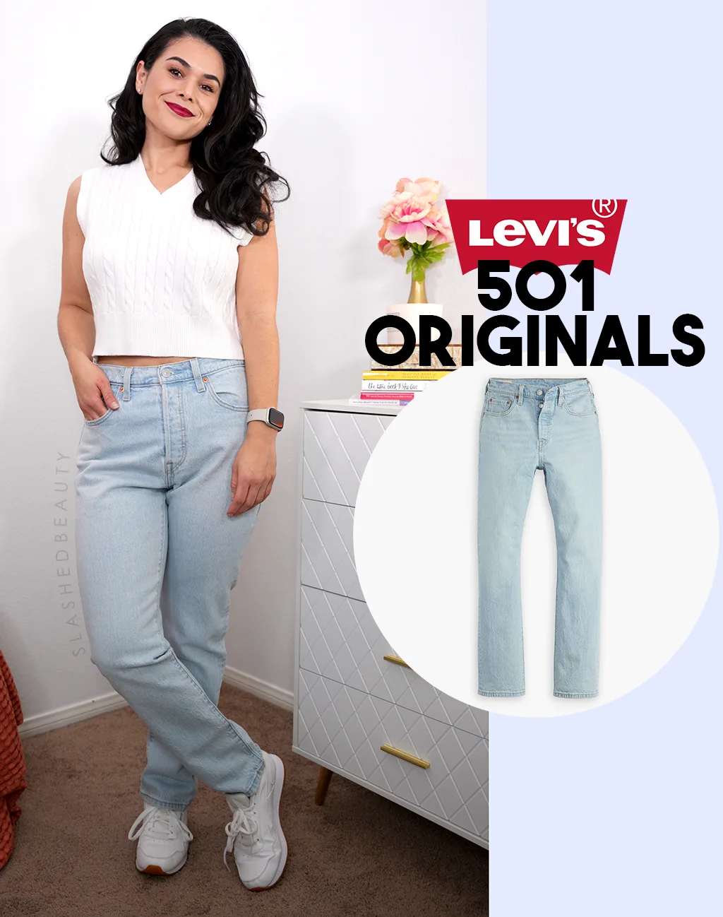 Full body photo of Miranda smiling to camera in a white sweater vest and light wash Levi's 501 Original jeans. | How Much do Levi's 501 Original Jeans Shrink? | Slashed Beauty