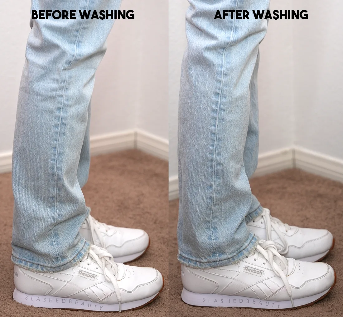 Side-by-side comparison showing the length of Levi's 501 Original Jeans before and after washing & drying. Shows visibly less bunching through the leg and ankle. | How Much do Levi's 501 Original Jeans Shrink? | Slashed Beauty