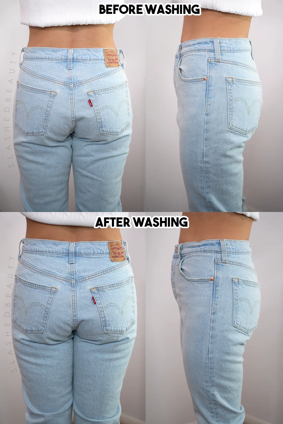 Side-by-side comparison showing the fit of Levi's 501 Original Jeans before and after washing & drying. Shows a more contoured fit after washing and drying. | How Much do Levi's 501 Original Jeans Shrink? | Slashed Beauty