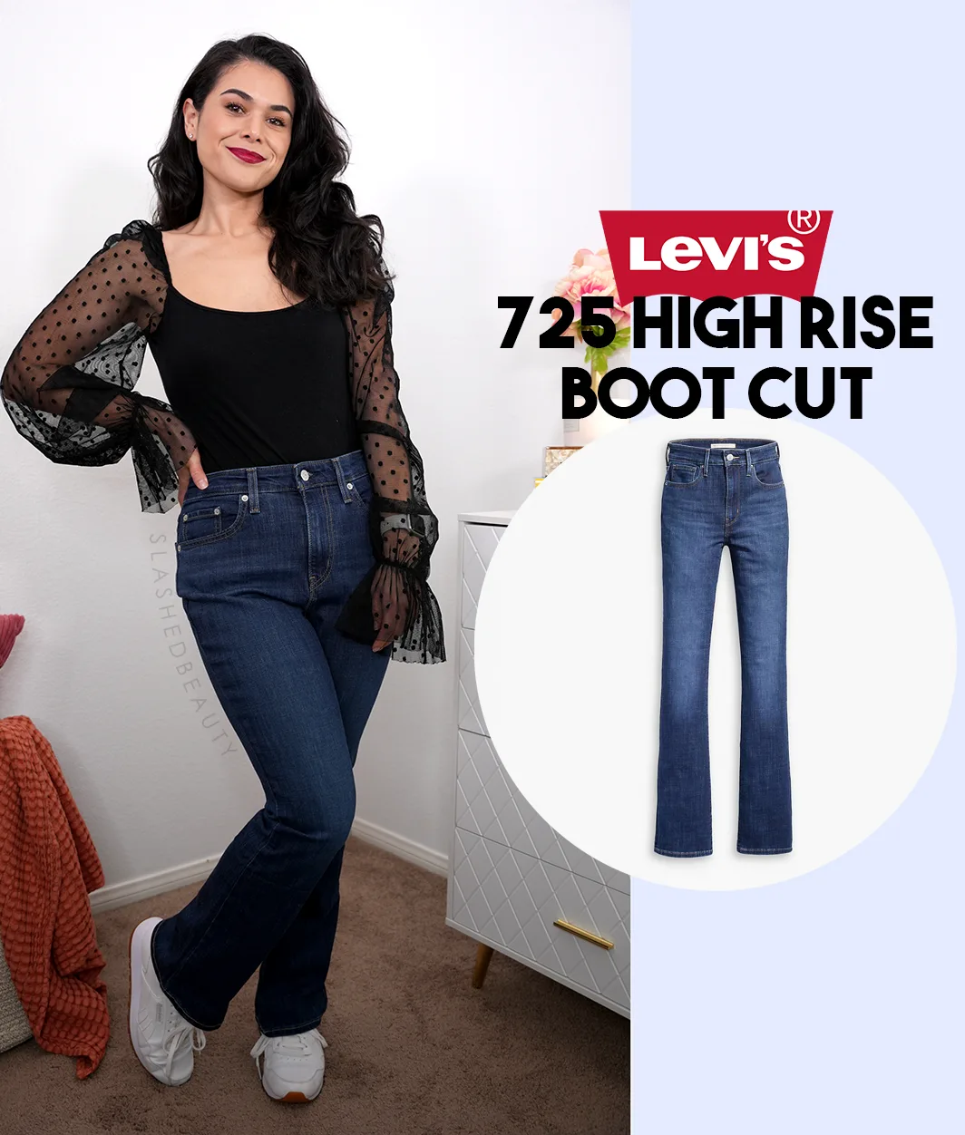 Full body photo of Miranda smiling to camera in a black blouse with long mesh sleeves and dark wash Levi's 725 High Rise Boot Cut Jeans. | How Much do Levi's 725 High Rise Boot Cut Jeans Shrink? | Slashed Beauty