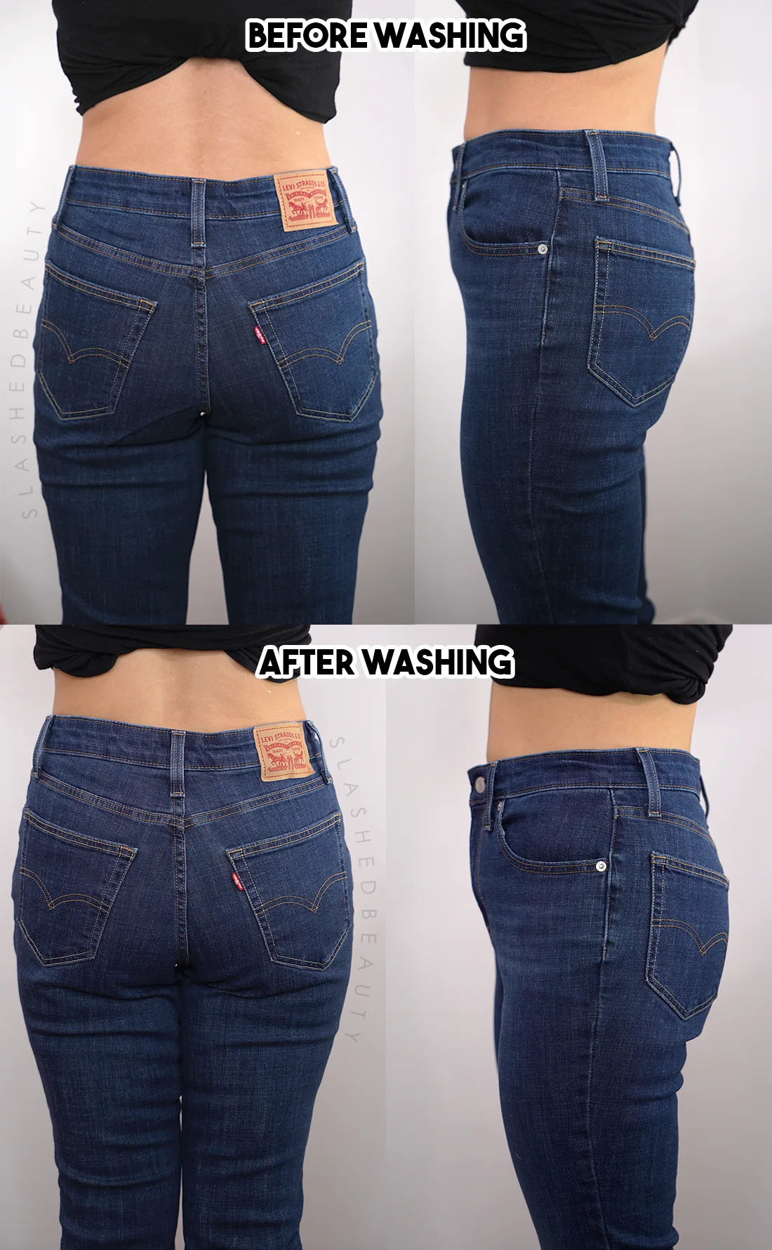 Side-by-side comparison showing the fit of Levi's 725 High Rise Boot Cut Jeans before and after washing & drying. Shows no change in waist or hip fit. | How Much do Levi's 725 High Rise Boot Cut Jeans Shrink? | Slashed Beauty