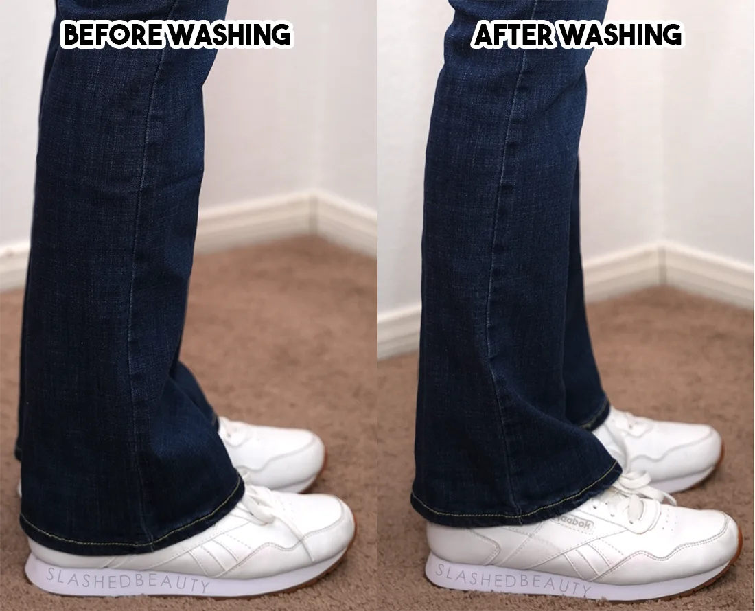 Side-by-side comparison showing the length of Levi's 725 High Rise Boot Cut Jeans Jeans before and after washing & drying. Shows about 1" of length lost in shrinking. | How Much do Levi's 314 Shaping Straight Jeans Shrink? | Slashed Beauty