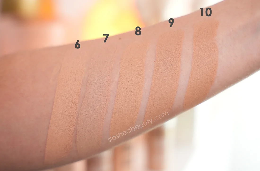 Swatches of Milani Ultra Blur Skin Tint Stick in 6, 7, 8, 9, 10 | Slashed Beauty