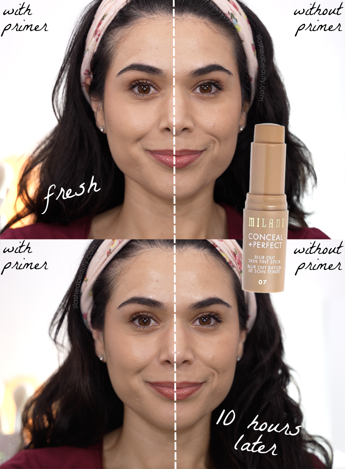 Side by side comparison of wearing the Milani Blur Out Skin Tint Stick for 10 hours, with and without primer. | Slashed Beauty