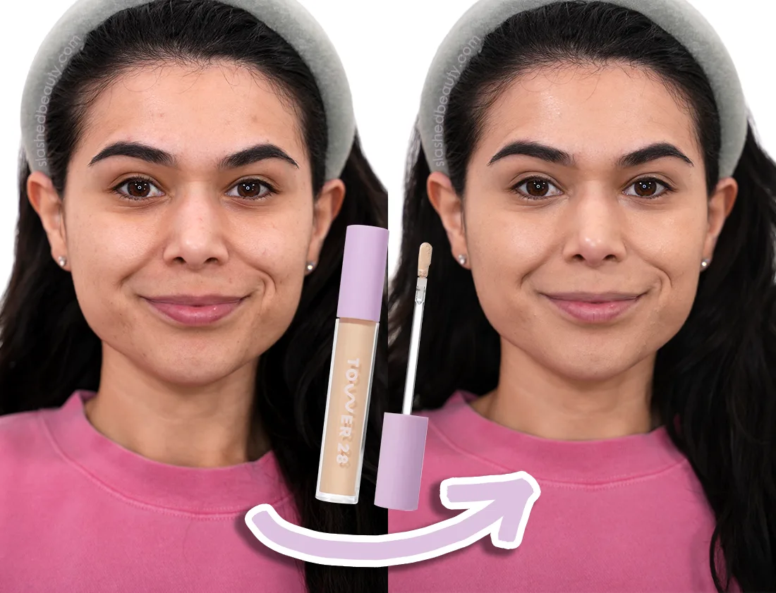 Side by side face photos showing before and after applying Tower 28 concealer in 6.0 I.E. | Tower 28 Swipe All Over Serum Concealer Review on Dry Skin | Slashed Beauty 