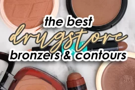Collection of drugstore bronzers and contours lying open on a marble surface with text superimposed: The Best Drugstore Bronzers & Contours | Slashed Beauty